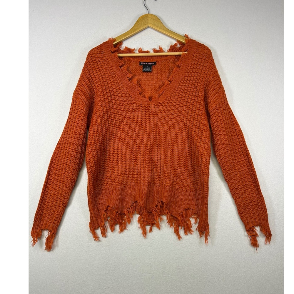 Grunge Edgy Trendy Threads Women Sm Orange Distressed V-Neck Chunky Knit Sweater